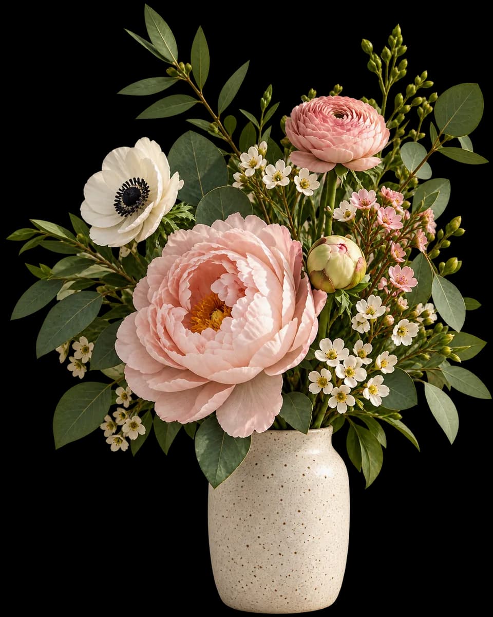Bouquet of peony, anemone, and ranunculus in a cream vase, next to the iPhone