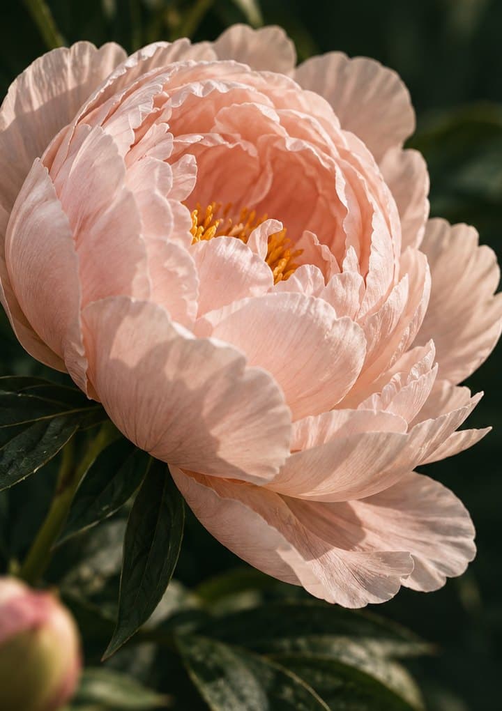 A salmon-pink peony with a yellow center over dark leaves