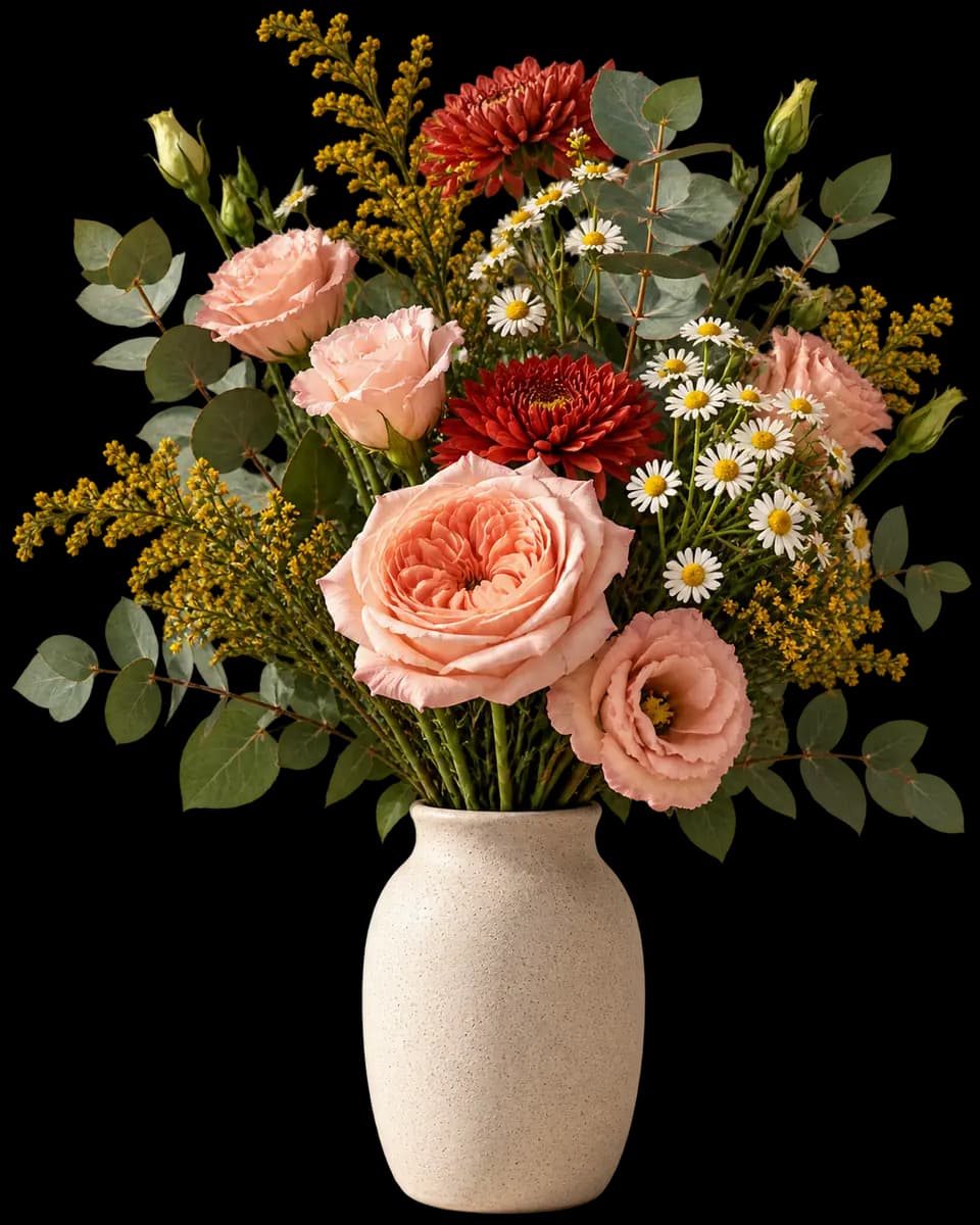 Bouquet of roses, chrysanthemum, daisies, and goldenrod in a vase, spilling out of the editor screen